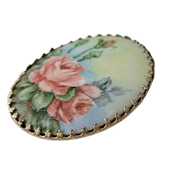 Painted Porcelain Rose Gold Tone Filigree Prong Oval Brooch E497 - Picture 3 of 7